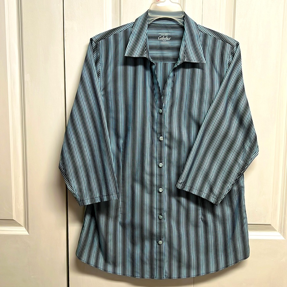 Cabelas Blue Gray Striped Collar Mid Sleeve Fitted Top Size M - Picture 1 of 7